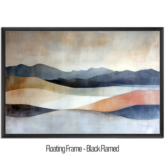 Abstract Collection | Shifting Sands | Serene Landscape in Muted Earth Tones and Blue Hues by Roderick Sebastiaan | WoodenFloaterFrame-Black-Flamed_e82824f1-6e71-4441-8703-3232117158b2