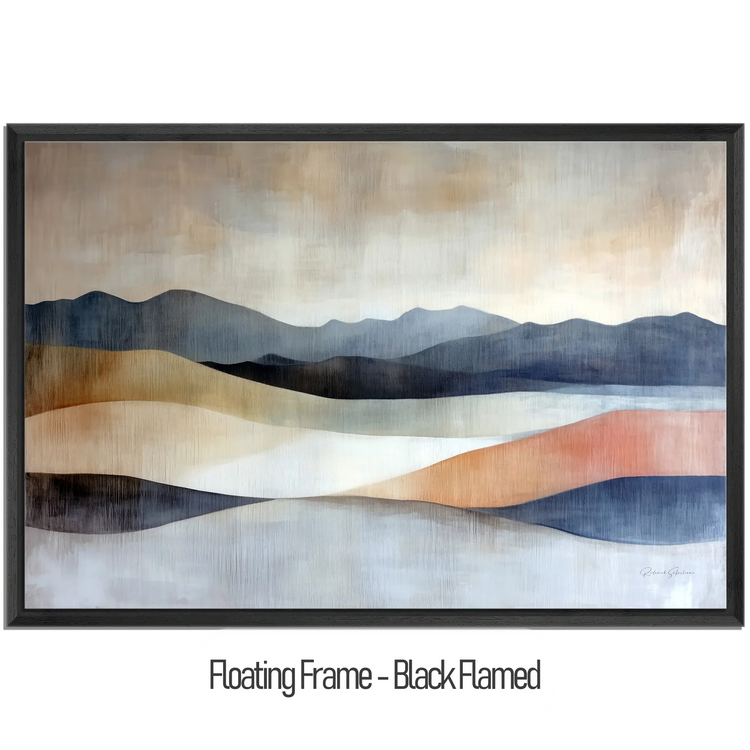 Abstract Collection | Shifting Sands | Serene Landscape in Muted Earth Tones and Blue Hues by Roderick Sebastiaan | WoodenFloaterFrame-Black-Flamed_e82824f1-6e71-4441-8703-3232117158b2