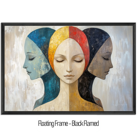 Feminine Collection | Silent Reflections | Symbolic Abstract Trio with Earthy and Vibrant Hues by Roderick Sebastiaan | WoodenFloaterFrame-Black-Flamed_ec372ad5-7c56-49ee-94bb-2f145ff31d6d