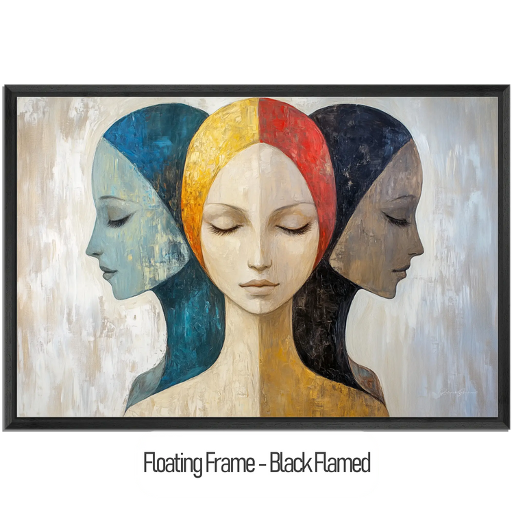 Feminine Collection | Silent Reflections | Symbolic Abstract Trio with Earthy and Vibrant Hues by Roderick Sebastiaan | WoodenFloaterFrame-Black-Flamed_ec372ad5-7c56-49ee-94bb-2f145ff31d6d