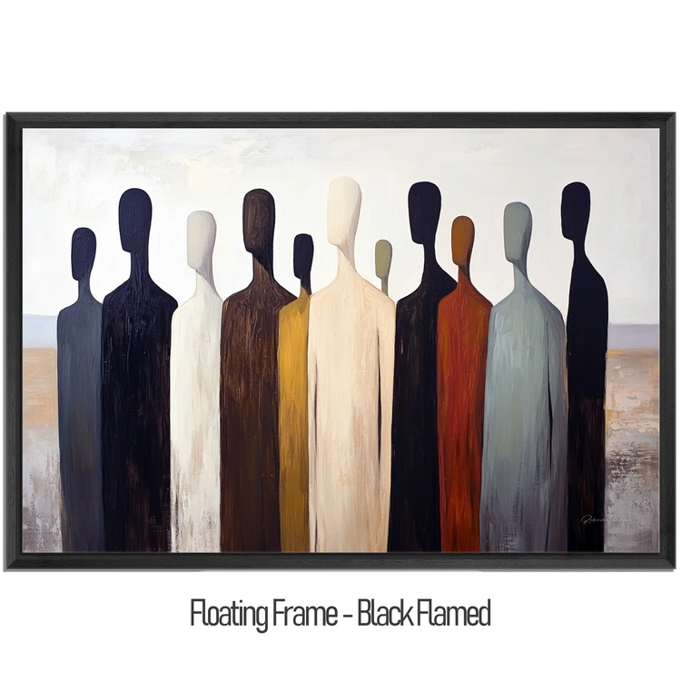 Male Collection | Gathering Shadows | Minimalist Silhouette Figures in Neutral Tones by Roderick Sebastiaan | WoodenFloaterFrame-Black-Flamed_eeff8ba4-00e4-45f8-9198-680cbb250d25