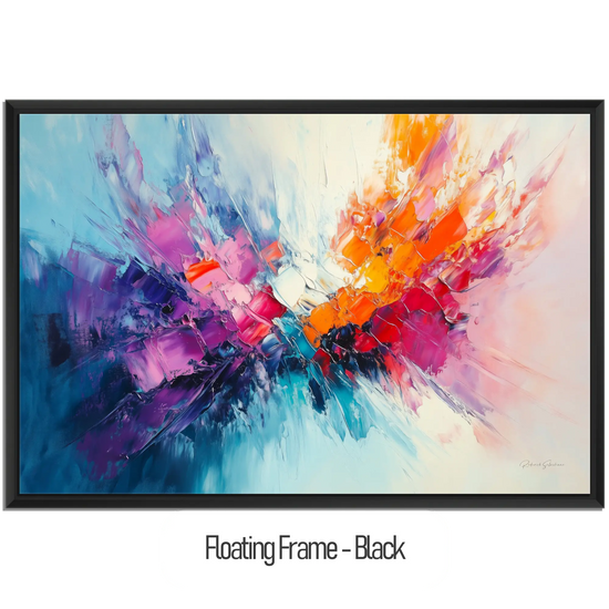 Abstract Collection | Fires of Renewal | Dynamic Abstract Burst in Vivid Hues of Orange and Purple by Roderick Sebastiaan | WoodenFloaterFrame-Black_31f59f3e-194e-4283-84be-cce4f88eb87f