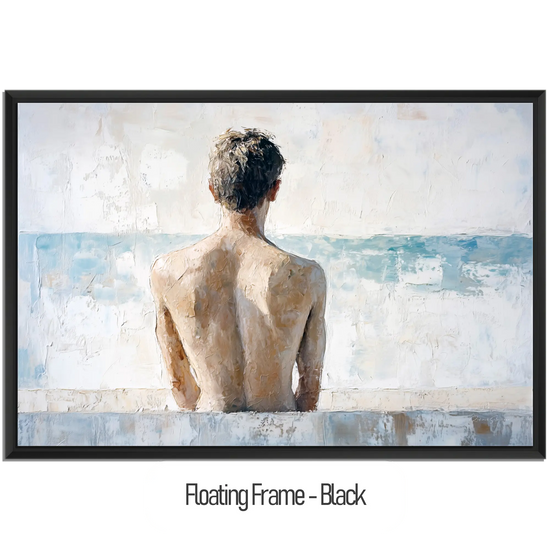 Male Collection | Back to the Sea – Minimalist Figurative Ocean-Inspired Canvas Art by Roderick Sebastiaan | WoodenFloaterFrame-Black