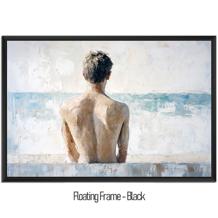 Male Collection | Back to the Sea – Minimalist Figurative Ocean-Inspired Canvas Art by Roderick Sebastiaan | WoodenFloaterFrame-Black