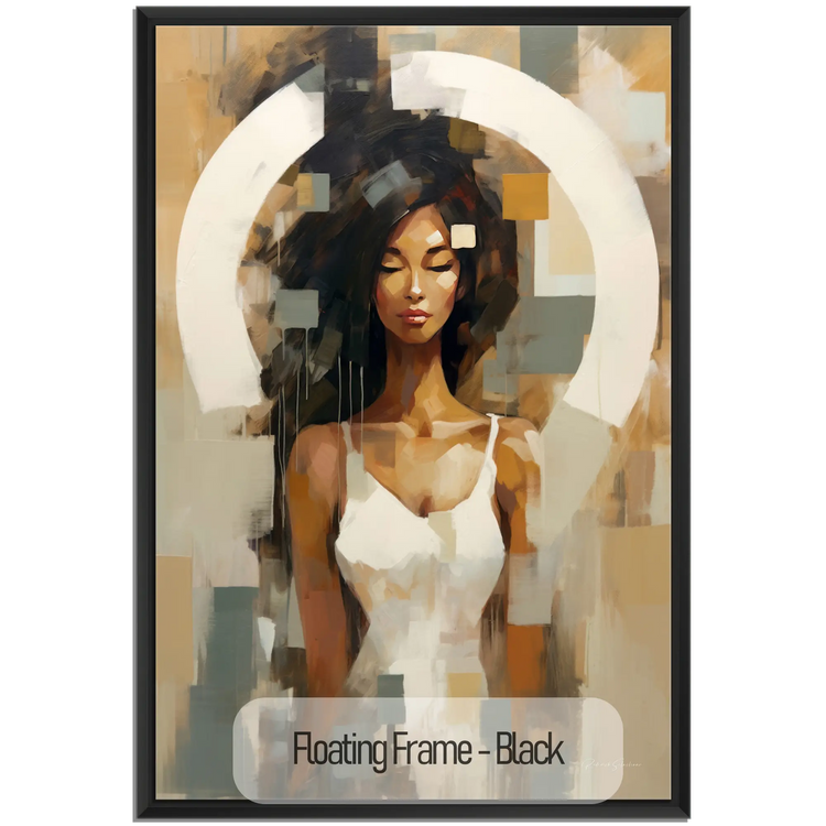 Feminine Collection | Fragmented Serenity | Abstract Realistic Female Portrait on Art Cloth by Roderick Sebastiaan | WoodenFloaterFrame-Black_8b11da38-2aa0-4b78-bdb6-9ff643c0fee7