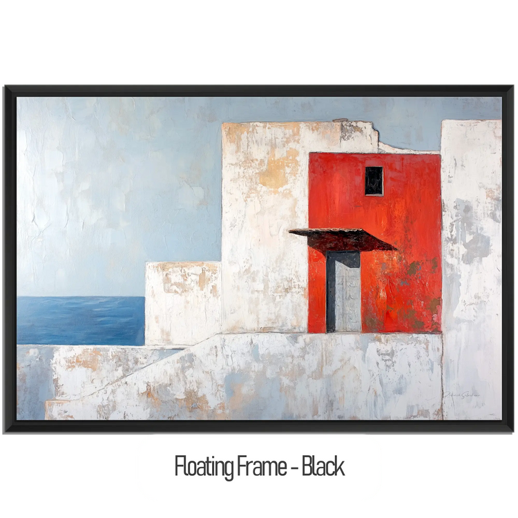 Minimalism Collection | The Red Wall | Mediterranean-Inspired Minimalist Architecture Art by Roderick Sebastiaan | WoodenFloaterFrame-Black_a0a7059b-02c4-4a49-a937-f0b00622c168