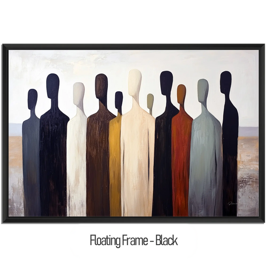 Male Collection | Gathering Shadows | Minimalist Silhouette Figures in Neutral Tones by Roderick Sebastiaan | WoodenFloaterFrame-Black_b52e315e-ddab-4547-93bb-a2d8984ae1d0