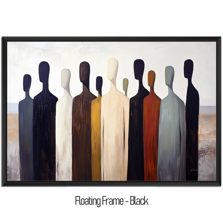 Male Collection | Gathering Shadows | Minimalist Silhouette Figures in Neutral Tones by Roderick Sebastiaan | WoodenFloaterFrame-Black_b52e315e-ddab-4547-93bb-a2d8984ae1d0