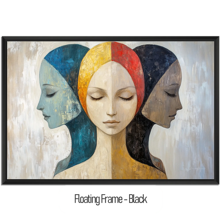 Feminine Collection | Silent Reflections | Symbolic Abstract Trio with Earthy and Vibrant Hues by Roderick Sebastiaan | WoodenFloaterFrame-Black_c6c3ca9b-a9b9-48ae-97ae-7ab25c7cc663