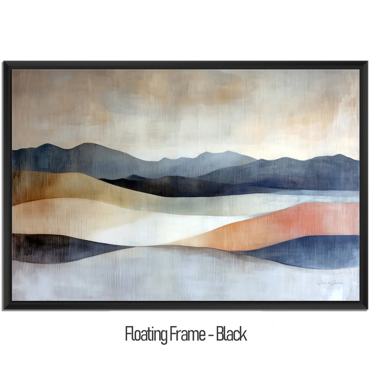 Abstract Collection | Shifting Sands | Serene Landscape in Muted Earth Tones and Blue Hues by Roderick Sebastiaan | WoodenFloaterFrame-Black_ca5baad1-bc09-414a-a0ce-5f36e0a99c7f