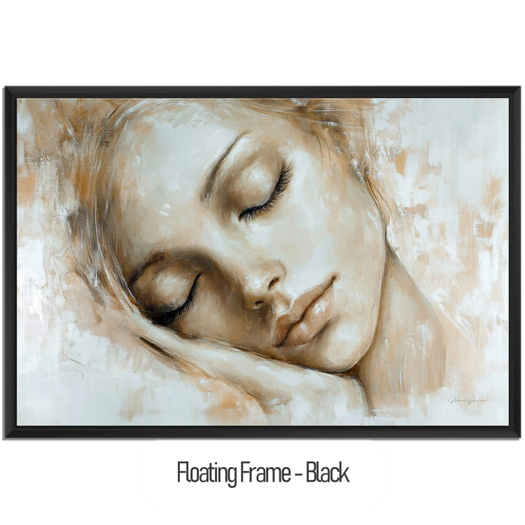 Feminine Collection | Tranquil Slumber | Serene Portrait in Soft Neutrals and Warm Hues by Roderick Sebastiaan | WoodenFloaterFrame-Black_f07a96f7-b610-488f-8a4e-e5097d78e356