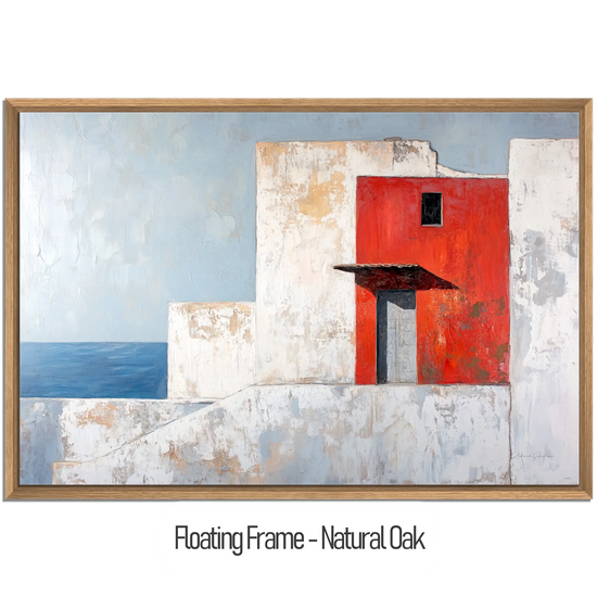 Minimalism Collection | The Red Wall | Mediterranean-Inspired Minimalist Architecture Art by Roderick Sebastiaan | WoodenFloaterFrame-NaturalOak_11bdf3b9-f898-404f-abbd-42d287d9087d