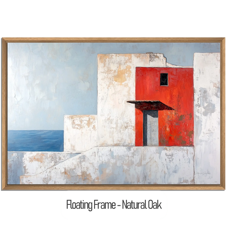 Minimalism Collection | The Red Wall | Mediterranean-Inspired Minimalist Architecture Art by Roderick Sebastiaan | WoodenFloaterFrame-NaturalOak_11bdf3b9-f898-404f-abbd-42d287d9087d