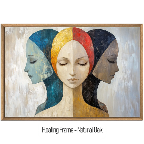 Feminine Collection | Silent Reflections | Symbolic Abstract Trio with Earthy and Vibrant Hues by Roderick Sebastiaan | WoodenFloaterFrame-NaturalOak_28799692-6ee9-4ed0-bcba-8f2c6f7438c9