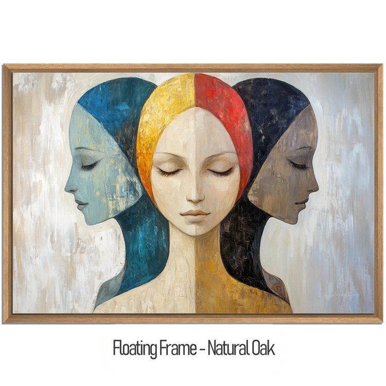 Feminine Collection | Silent Reflections | Symbolic Abstract Trio with Earthy and Vibrant Hues by Roderick Sebastiaan | WoodenFloaterFrame-NaturalOak_28799692-6ee9-4ed0-bcba-8f2c6f7438c9