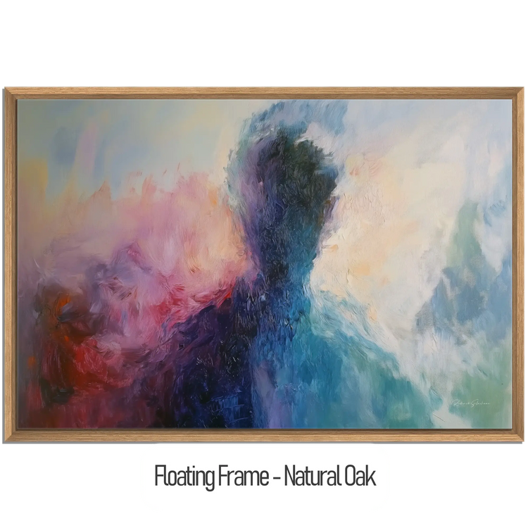 Abstract Collection | Fading Memories | Abstract Silhouette with Vibrant Blues and Pinks by Roderick Sebastiaan | WoodenFloaterFrame-NaturalOak_2ad3ab1c-34c8-4b62-8db2-3b3540eb775f