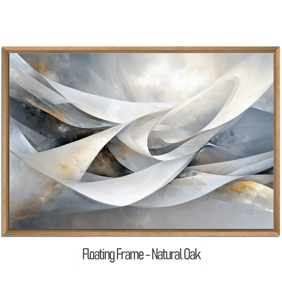 Abstract Collection | Shimmering Tide | Abstract Minimalist Flow with Metallic Accents by Roderick Sebastiaan | WoodenFloaterFrame-NaturalOak_2e216133-49d4-463b-be55-aa664afccd2d