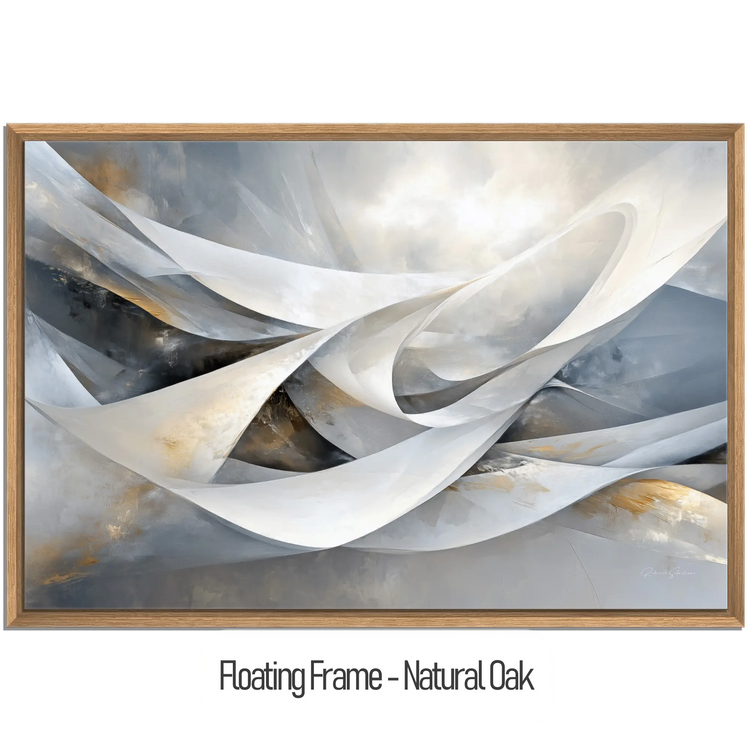 Abstract Collection | Shimmering Tide | Abstract Minimalist Flow with Metallic Accents by Roderick Sebastiaan | WoodenFloaterFrame-NaturalOak_2e216133-49d4-463b-be55-aa664afccd2d