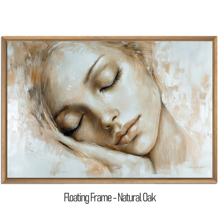 Feminine Collection | Tranquil Slumber | Serene Portrait in Soft Neutrals and Warm Hues by Roderick Sebastiaan | WoodenFloaterFrame-NaturalOak_44e9cbfa-ba20-4e05-88a3-6e903f493876