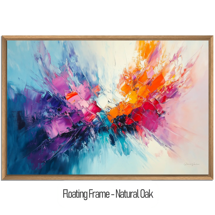 Abstract Collection | Fires of Renewal | Dynamic Abstract Burst in Vivid Hues of Orange and Purple by Roderick Sebastiaan | WoodenFloaterFrame-NaturalOak_48781958-a0e4-460b-8670-f1d95f75a134