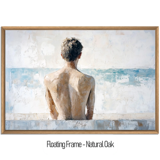 Male Collection | Back to the Sea – Minimalist Figurative Ocean-Inspired Canvas Art by Roderick Sebastiaan | WoodenFloaterFrame-NaturalOak