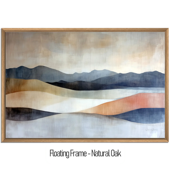 Abstract Collection | Shifting Sands | Serene Landscape in Muted Earth Tones and Blue Hues by Roderick Sebastiaan | WoodenFloaterFrame-NaturalOak_5c354baf-f7c6-4510-8d6f-cbfe6874e585