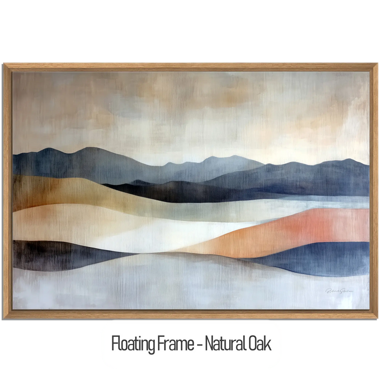 Abstract Collection | Shifting Sands | Serene Landscape in Muted Earth Tones and Blue Hues by Roderick Sebastiaan | WoodenFloaterFrame-NaturalOak_5c354baf-f7c6-4510-8d6f-cbfe6874e585