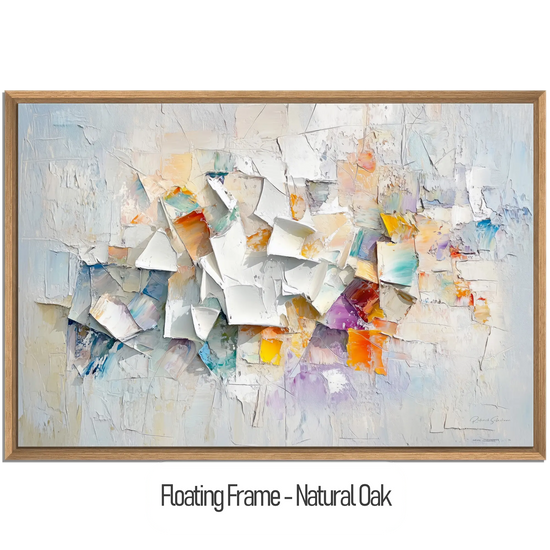 Abstract Collection | Fragments of Hope | Textured Look Abstract with Light Tones and Colourful Accents by Roderick Sebastiaan | WoodenFloaterFrame-NaturalOak_771e2dc4-9d55-4265-b282-26631e9a0b02