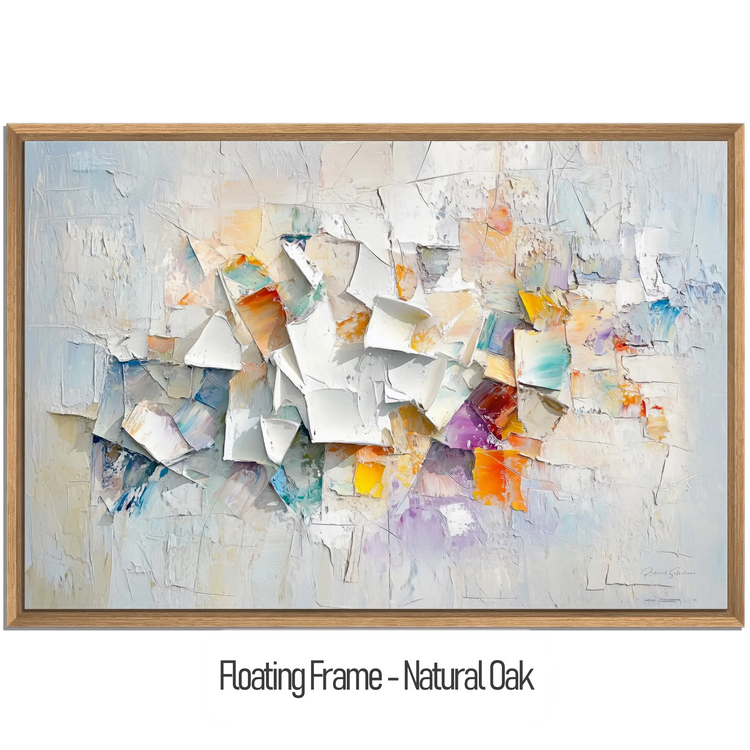 Abstract Collection | Fragments of Hope | Textured Look Abstract with Light Tones and Colourful Accents by Roderick Sebastiaan | WoodenFloaterFrame-NaturalOak_771e2dc4-9d55-4265-b282-26631e9a0b02