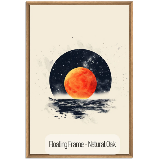 Minimalism Collection | Blood Moon Tide | Mystical Red Moon Seascape Art Print by Roderick Sebastiaan | WoodenFloaterFrame-NaturalOak_e23ffa12-7b10-4648-b4b7-09e1b4457d27