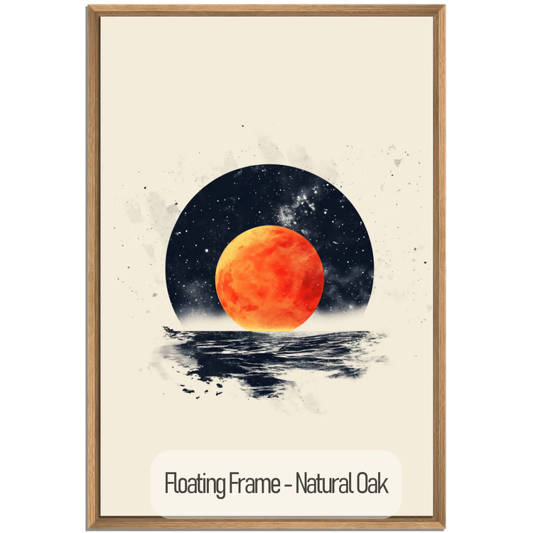 Minimalism Collection | Blood Moon Tide | Mystical Red Moon Seascape Art Print by Roderick Sebastiaan | WoodenFloaterFrame-NaturalOak_e23ffa12-7b10-4648-b4b7-09e1b4457d27