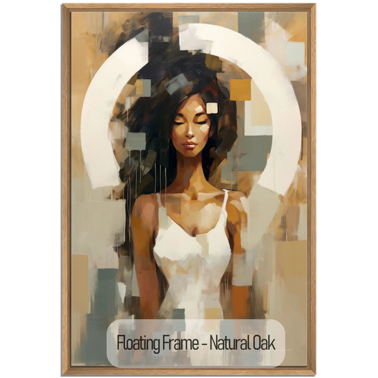 Feminine Collection | Fragmented Serenity | Abstract Realistic Female Portrait on Art Cloth by Roderick Sebastiaan | WoodenFloaterFrame-NaturalOak_f3aa85db-89de-4e06-a00e-47a5f190142a