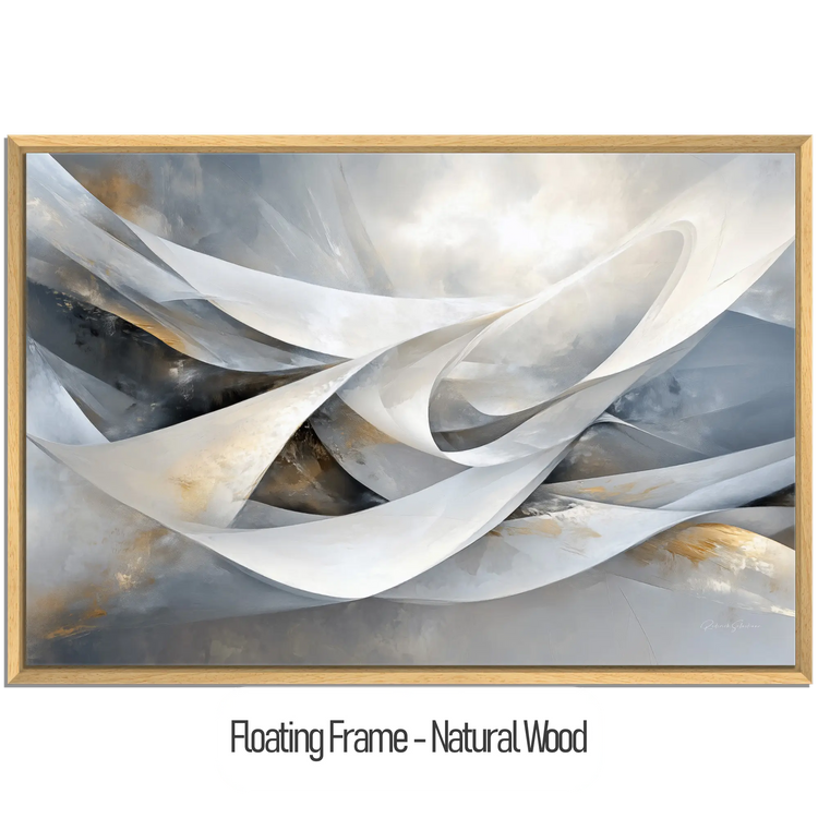 Abstract Collection | Shimmering Tide | Abstract Minimalist Flow with Metallic Accents by Roderick Sebastiaan | WoodenFloaterFrame-NaturalWood_0f7ba93b-eb6c-40fb-8006-eba7e1f0feae