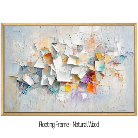 Abstract Collection | Fragments of Hope | Textured Look Abstract with Light Tones and Colourful Accents by Roderick Sebastiaan | WoodenFloaterFrame-NaturalWood_2ea30c4b-b059-4253-ac62-c296b08db1be