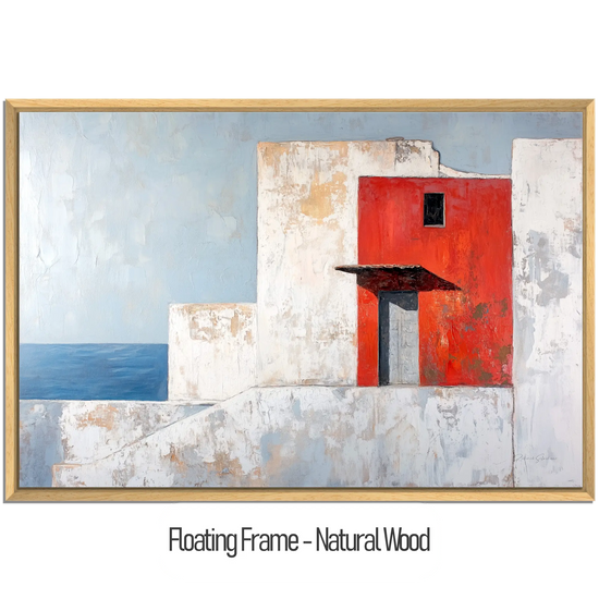 Minimalism Collection | The Red Wall | Mediterranean-Inspired Minimalist Architecture Art by Roderick Sebastiaan | WoodenFloaterFrame-NaturalWood_3156ce5b-35e9-4140-b056-8011249dfb6f