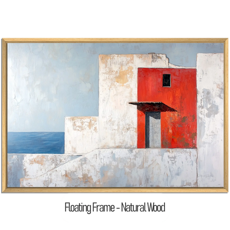 Minimalism Collection | The Red Wall | Mediterranean-Inspired Minimalist Architecture Art by Roderick Sebastiaan | WoodenFloaterFrame-NaturalWood_3156ce5b-35e9-4140-b056-8011249dfb6f