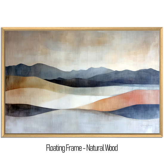 Abstract Collection | Shifting Sands | Serene Landscape in Muted Earth Tones and Blue Hues by Roderick Sebastiaan | WoodenFloaterFrame-NaturalWood_455d6337-4f74-41bb-b50e-b2d420375688