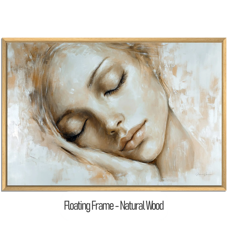 Feminine Collection | Tranquil Slumber | Serene Portrait in Soft Neutrals and Warm Hues by Roderick Sebastiaan | WoodenFloaterFrame-NaturalWood_520b5422-7b7b-4788-aa52-aced9c7a347e