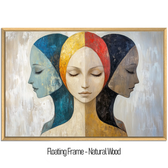 Feminine Collection | Silent Reflections | Symbolic Abstract Trio with Earthy and Vibrant Hues by Roderick Sebastiaan | WoodenFloaterFrame-NaturalWood_525d4308-6f7f-4f03-8e18-843d6e9419eb