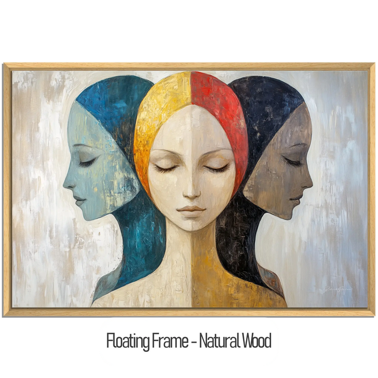 Feminine Collection | Silent Reflections | Symbolic Abstract Trio with Earthy and Vibrant Hues by Roderick Sebastiaan | WoodenFloaterFrame-NaturalWood_525d4308-6f7f-4f03-8e18-843d6e9419eb