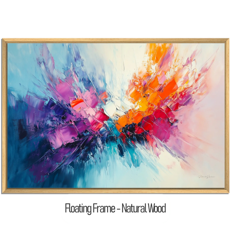 Abstract Collection | Fires of Renewal | Dynamic Abstract Burst in Vivid Hues of Orange and Purple by Roderick Sebastiaan | WoodenFloaterFrame-NaturalWood_9814c915-0bb0-4c95-9e68-66c1a1c469b6