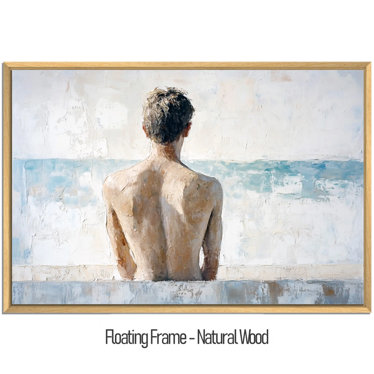 Male Collection | Back to the Sea – Minimalist Figurative Ocean-Inspired Canvas Art by Roderick Sebastiaan | WoodenFloaterFrame-NaturalWood_9a4e313c-62c3-409d-b7b7-601e2e81dd09