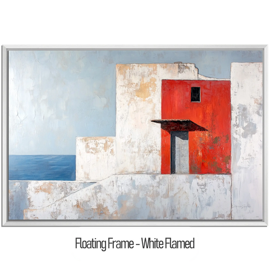 Minimalism Collection | The Red Wall | Mediterranean-Inspired Minimalist Architecture Art by Roderick Sebastiaan | WoodenFloaterFrame-White-Flamed_16f01d88-bf87-44cc-ac94-23026890ba51