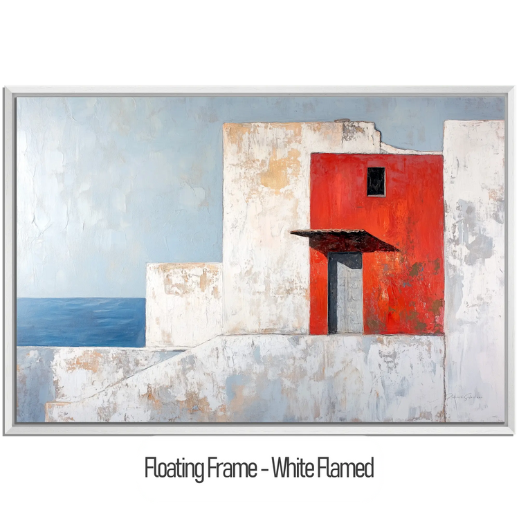 Minimalism Collection | The Red Wall | Mediterranean-Inspired Minimalist Architecture Art by Roderick Sebastiaan | WoodenFloaterFrame-White-Flamed_16f01d88-bf87-44cc-ac94-23026890ba51