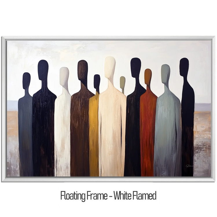 Male Collection | Gathering Shadows | Minimalist Silhouette Figures in Neutral Tones by Roderick Sebastiaan | WoodenFloaterFrame-White-Flamed_2c23b726-3952-4248-a332-f55fad99048c