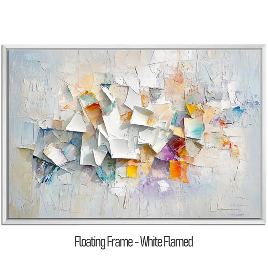 Abstract Collection | Fragments of Hope | Textured Look Abstract with Light Tones and Colourful Accents by Roderick Sebastiaan | WoodenFloaterFrame-White-Flamed_3e4c5278-ce50-46d9-a597-46367f61ea94