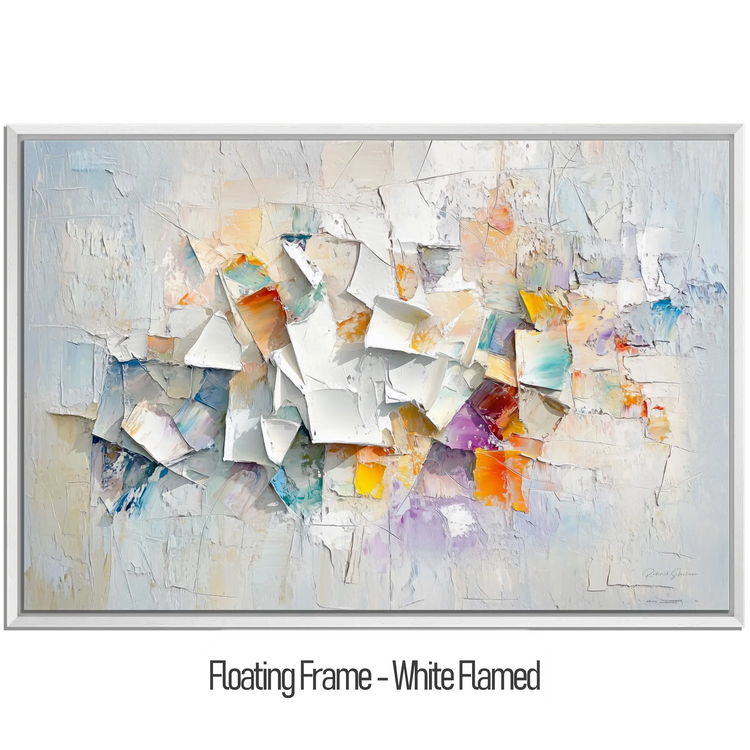 Abstract Collection | Fragments of Hope | Textured Look Abstract with Light Tones and Colourful Accents by Roderick Sebastiaan | WoodenFloaterFrame-White-Flamed_3e4c5278-ce50-46d9-a597-46367f61ea94