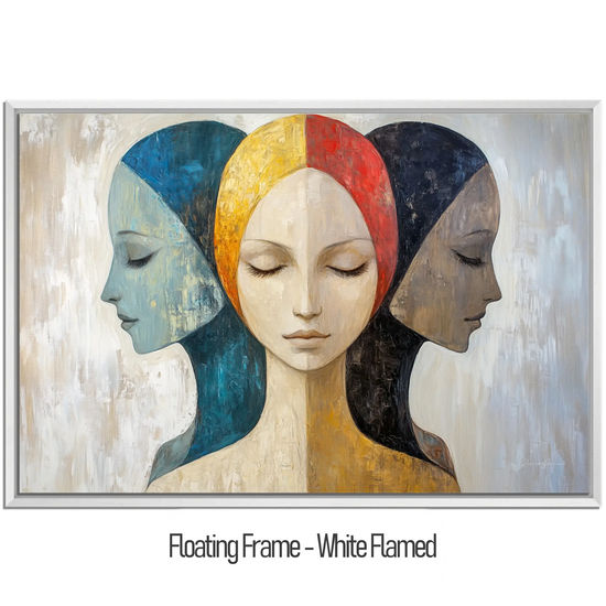 Feminine Collection | Silent Reflections | Symbolic Abstract Trio with Earthy and Vibrant Hues by Roderick Sebastiaan | WoodenFloaterFrame-White-Flamed_50f0864c-086d-401e-8df4-422b7028dfc4