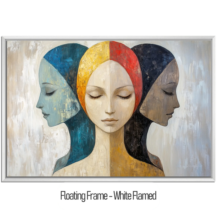 Feminine Collection | Silent Reflections | Symbolic Abstract Trio with Earthy and Vibrant Hues by Roderick Sebastiaan | WoodenFloaterFrame-White-Flamed_50f0864c-086d-401e-8df4-422b7028dfc4