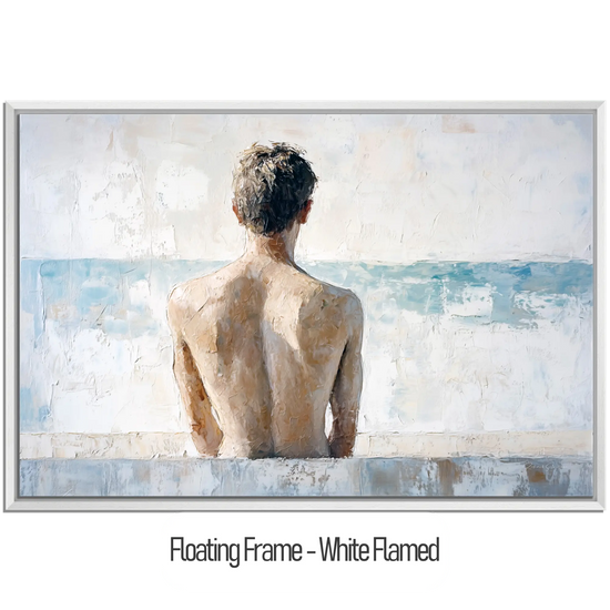 Male Collection | Back to the Sea – Minimalist Figurative Ocean-Inspired Canvas Art by Roderick Sebastiaan | WoodenFloaterFrame-White-Flamed